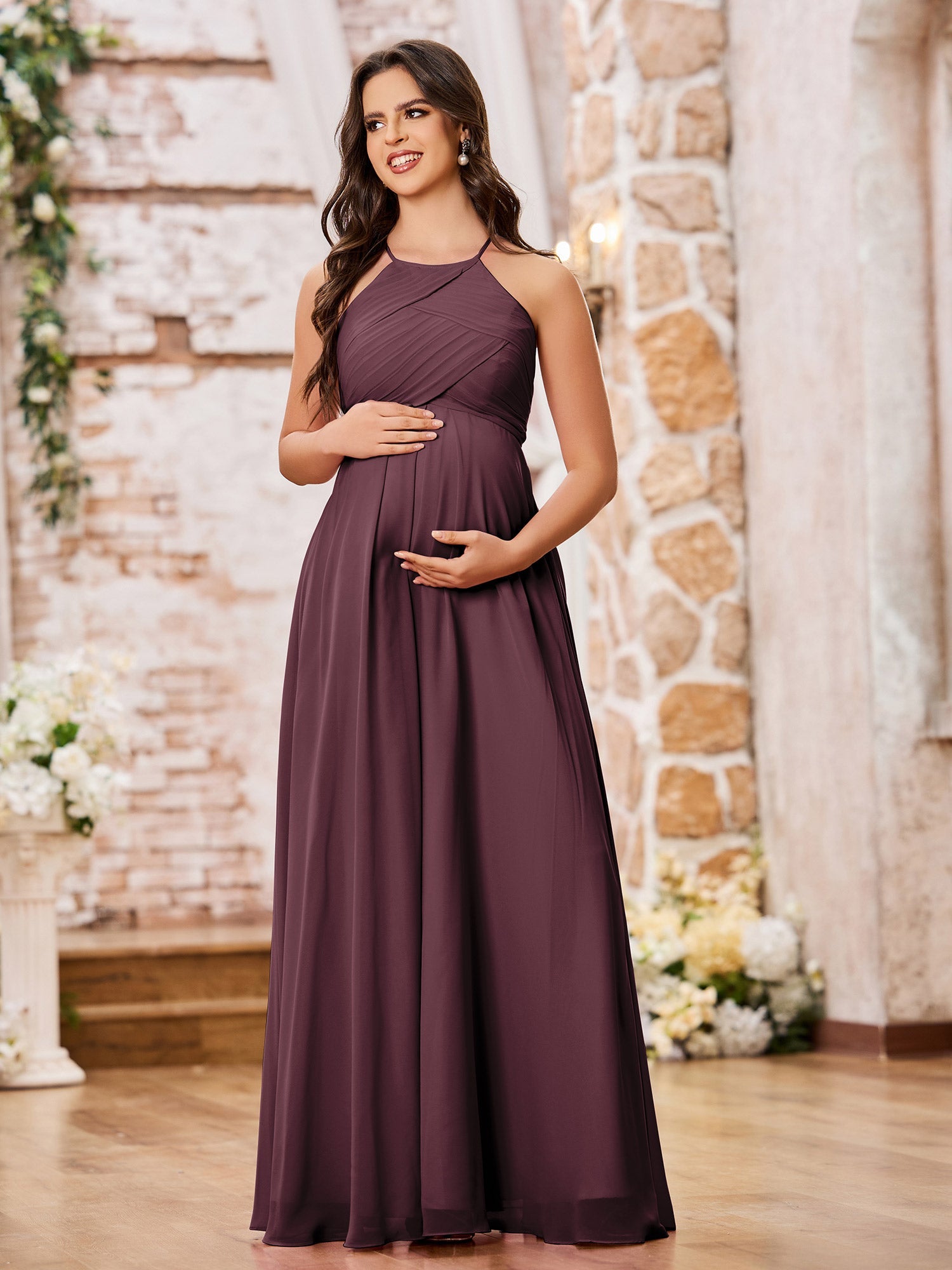 Stunning A-line Halter Empire Floor Length Chiffon Bridesmaid Gowns Cabernet